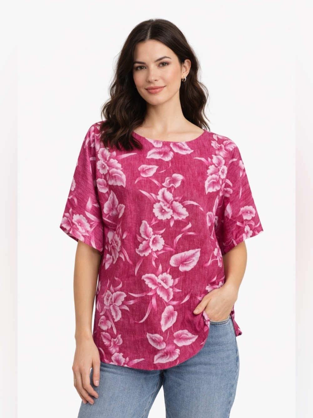 Vintage 90s Floral Blouse Pink Retro Hawaiian Top Side Slit Casual Women’s L